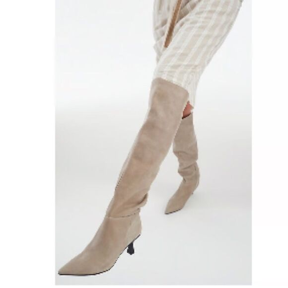 Free People Rocky Slouch Knee High Leather Boots Nickel Gray Taupe Size 7.5 NIB - Picture 1 of 13